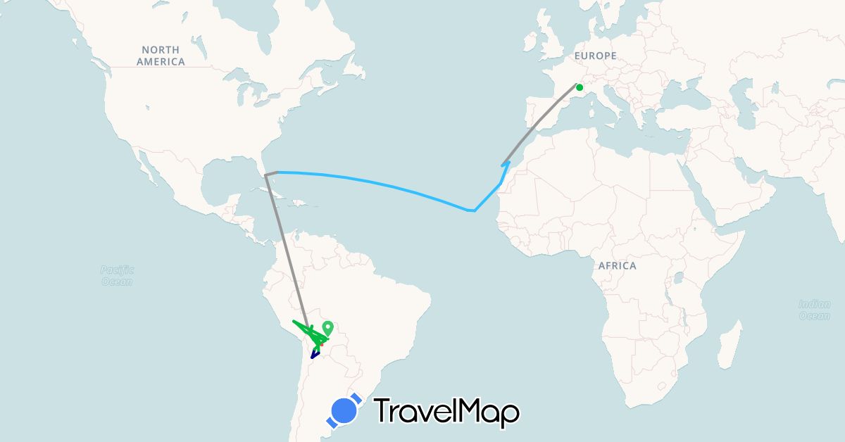 TravelMap itinerary: driving, bus, plane, hiking, boat, hitchhiking in Bolivia, Bahamas, Cape Verde, France, Peru, United States (Africa, Europe, North America, South America)